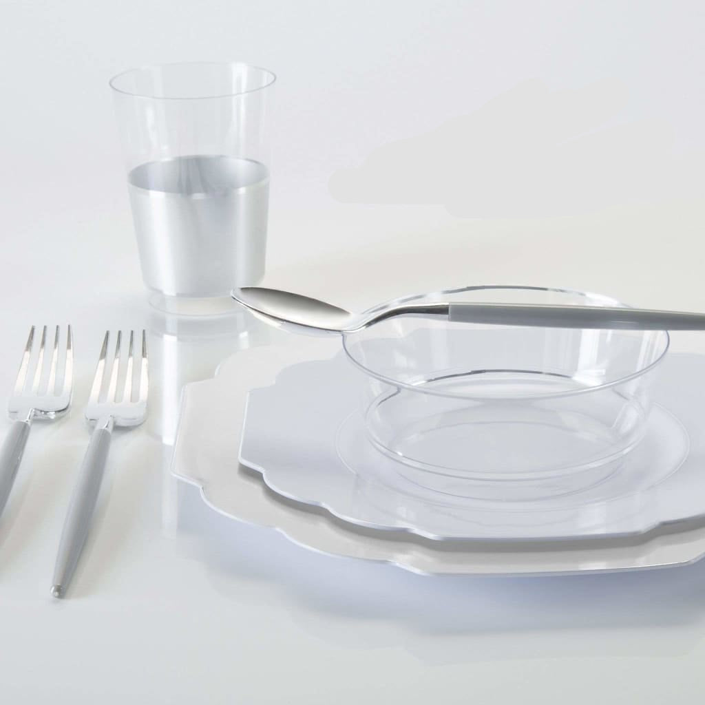 Scalloped Clear Base Silver • White Plastic Plates | 10 Pack
