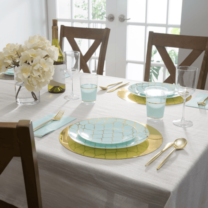 Round Mint Green and Gold Lattice Pattern Plastic Plates | 10 Pack
