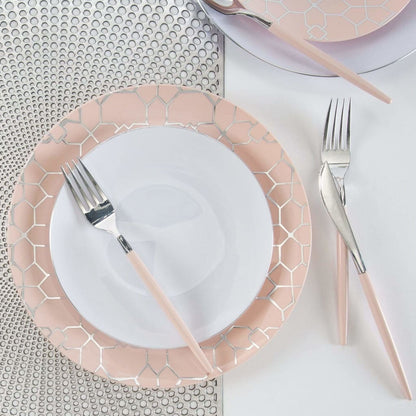 Round Blush • Silver Lattice Pattern Plastic Plates | 10 Pack