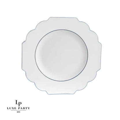 Scalloped Clear Base Silver • White Plastic Plates | 10 Pack