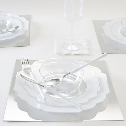 Scalloped Clear Base Silver • White Plastic Plates | 10 Pack