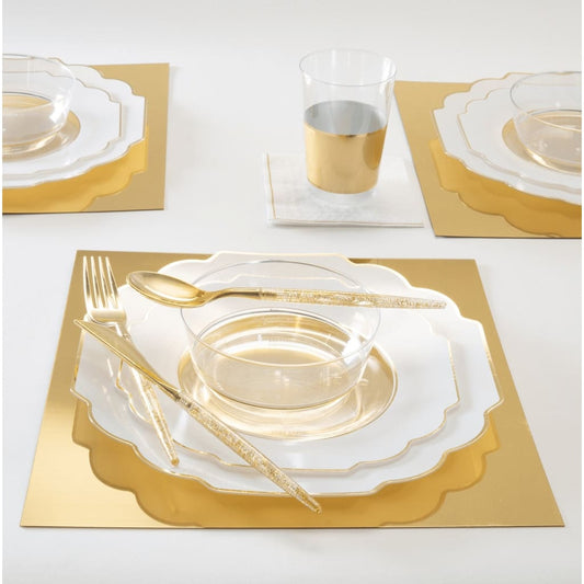Scalloped Clear Base White • Gold Plastic Plates | 10 Pack