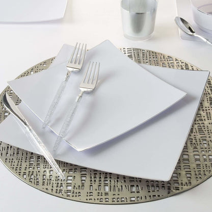 Square Coupe White • Silver Plastic Plates | 10 Pack