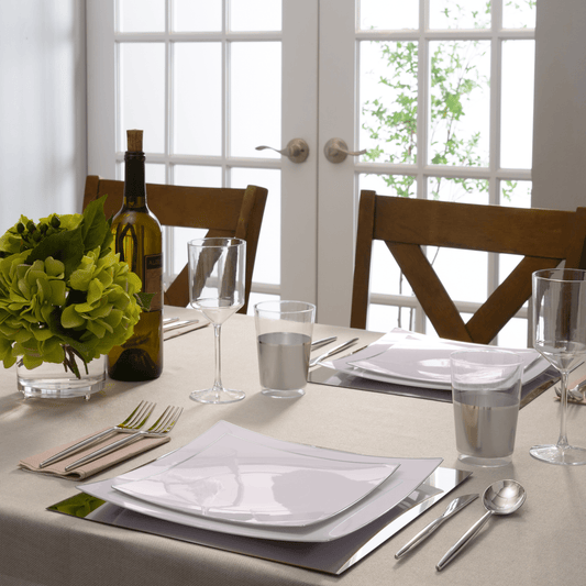 Square Coupe White • Silver Plastic Plates | 10 Pack