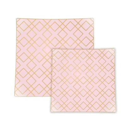 Square Blush • Gold Art Deco Pattern Plastic Plates | 10 Plates