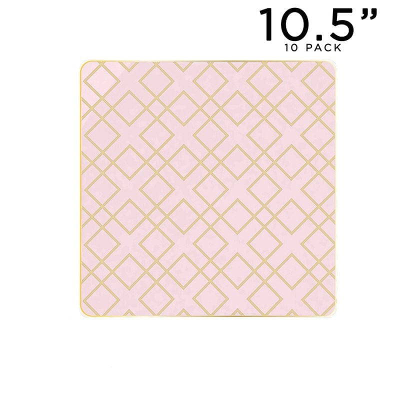 Square Blush • Gold Art Deco Pattern Plastic Plates | 10 Plates