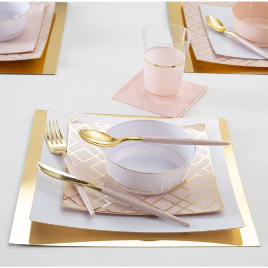 Square Blush • Gold Art Deco Pattern Plastic Plates | 10 Plates