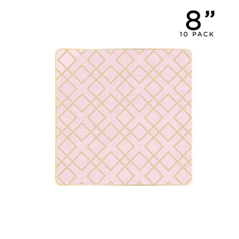 Square Blush • Gold Art Deco Pattern Plastic Plates | 10 Plates