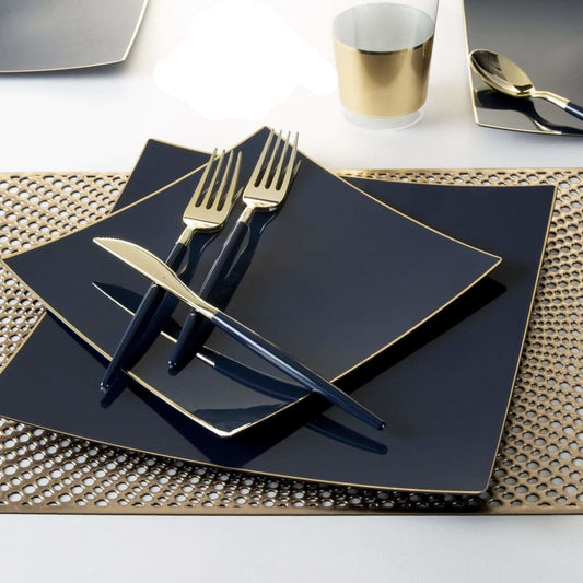 Square Coupe Navy • Gold Plastic Plates | 10 Pack