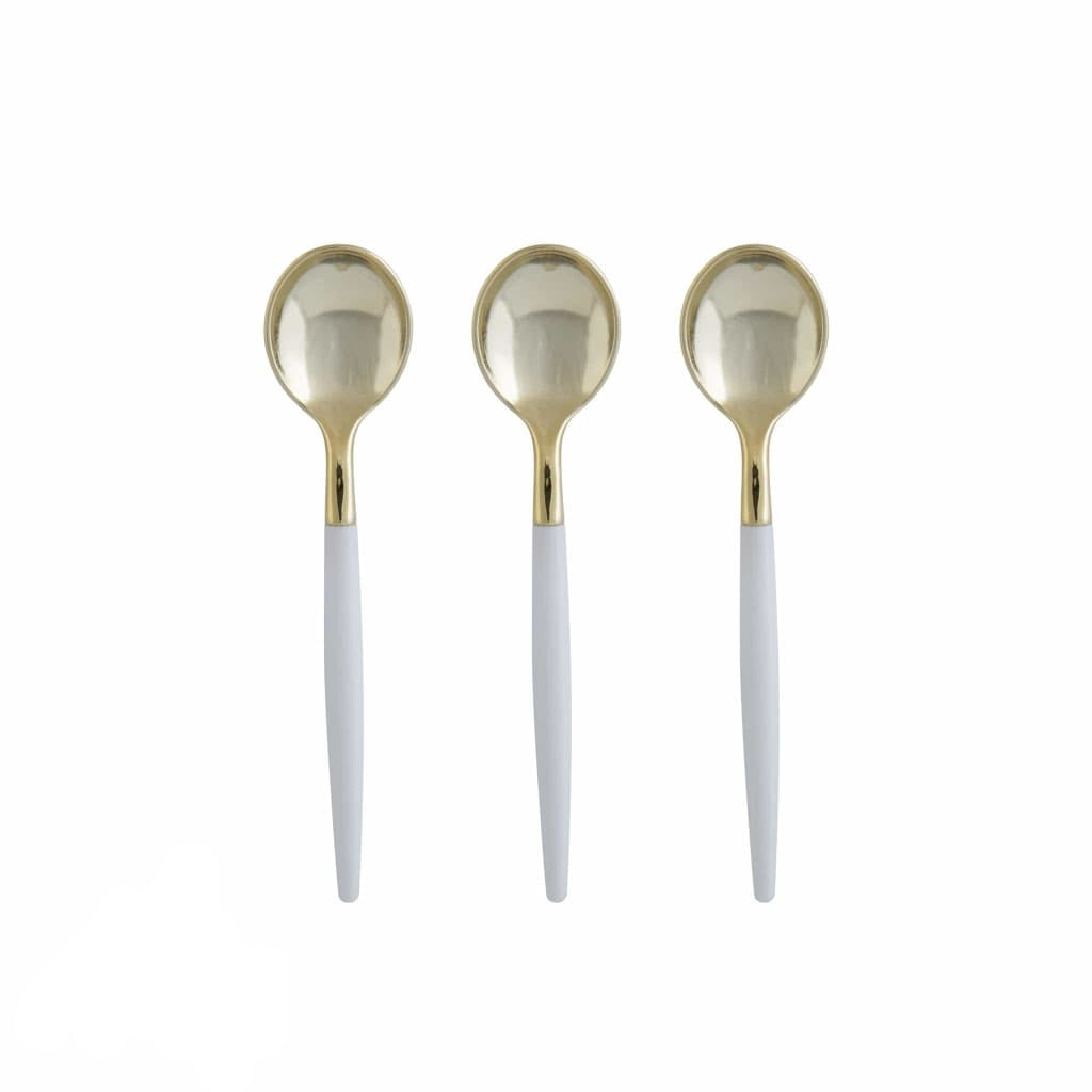 White and Gold Plastic Mini Spoons | 20 Spoons